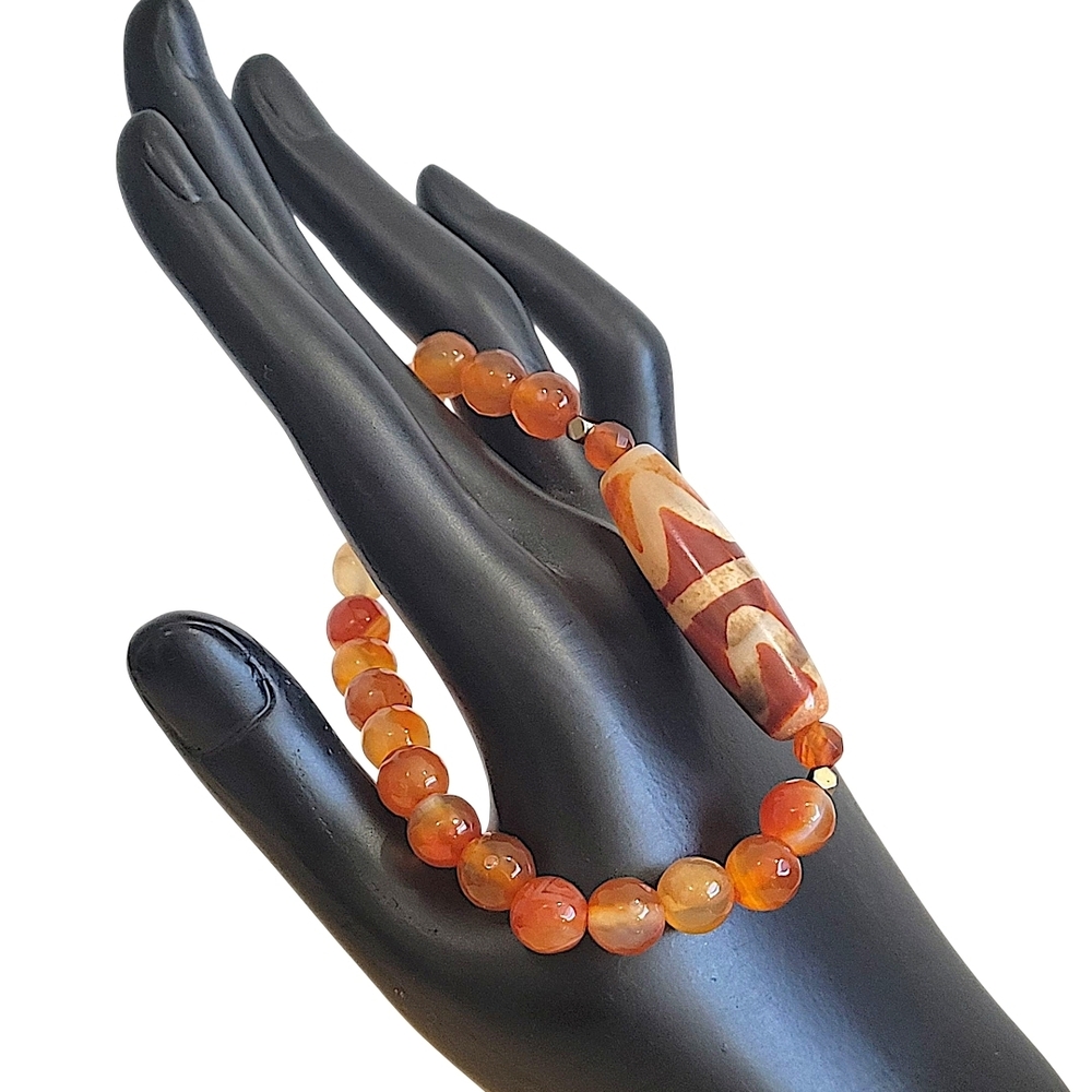 Hand Crafted Tibetan Carnelian Bracelet Beaded With Dzi Agate & Titanium Pyrite